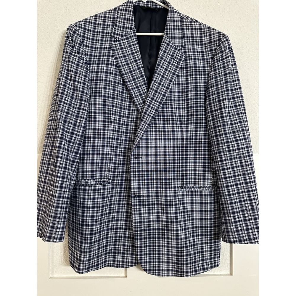 jos a bank Blue Plaid Blazer 46 R Check 100% Cotton